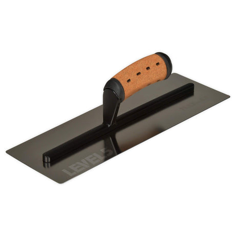 14-inch Level 5 Pro Flex Curved Finishing Trowel with stainless steel blade, black powder coated handle mount, and non-slip leather composite grips