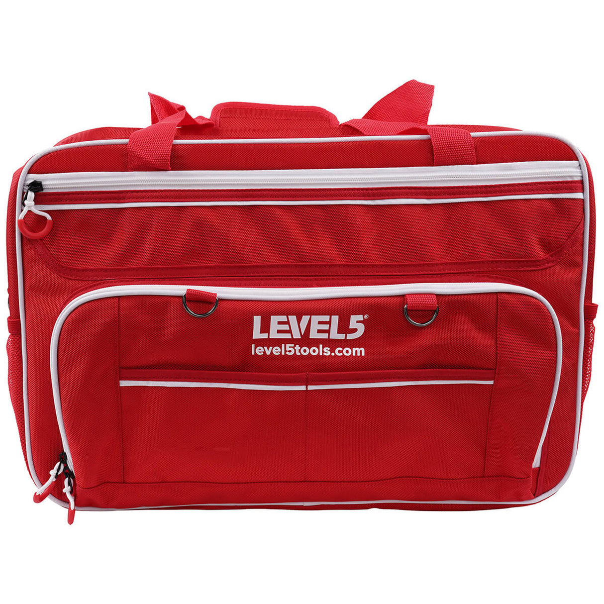20-inch red Level 5 Duffel Tool Bag with zipper side pockets, mesh side pockets, and white zipper, front view