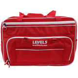 20-inch red Level 5 Duffel Tool Bag with zipper side pockets, mesh side pockets, and white zipper, front view