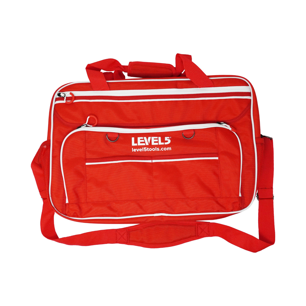 20-inch red Level 5 Duffel Tool Bag with zipper side pockets, mesh side pockets, shoulder strap, and white zipper, front view