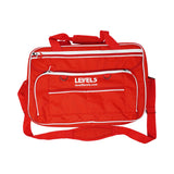 20-inch red Level 5 Duffel Tool Bag with zipper side pockets, mesh side pockets, shoulder strap, and white zipper, front view