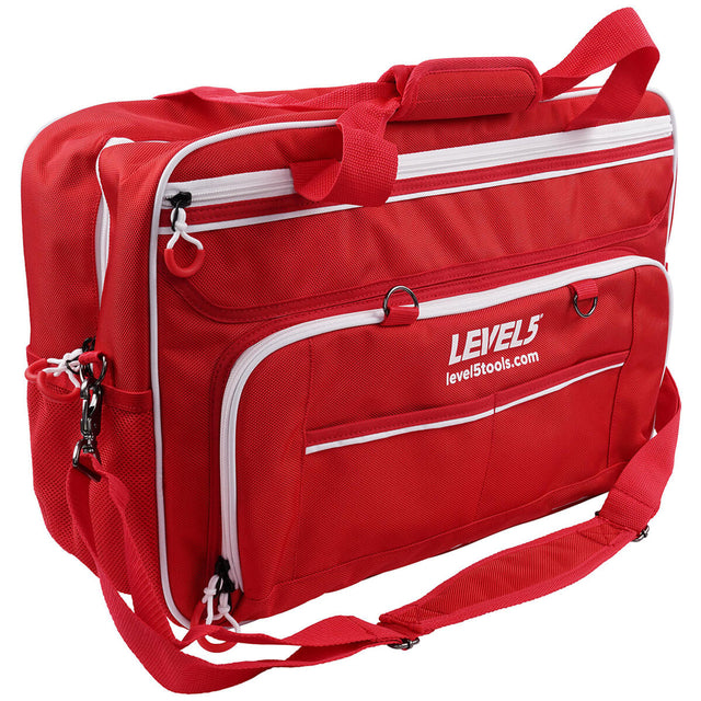 20-inch red Level 5 Duffel Tool Bag with zipper side pockets, mesh side pockets, shoulder strap, and white zipper, quarter view