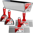 Level 5 hand tool set including, 5-inch and 6-inch joint knives, 10-inch and 12-inch taping knives, and a 14-inch mud pan