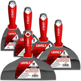 Level 5 carbon steel hand tool set including 4-inch, 5-inch, 6-inch, 8-inch, and 10-inch joint knives with red soft-grip handles