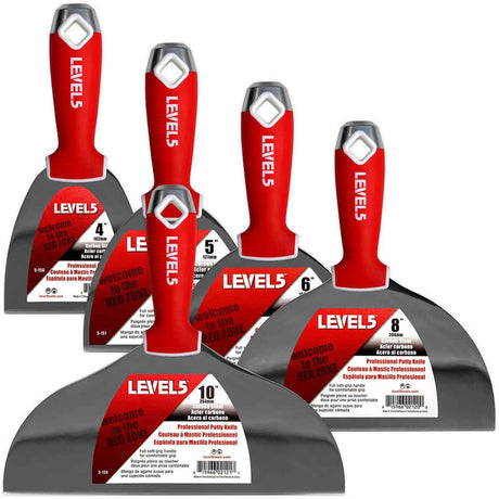 Level 5 carbon steel hand tool set including 4-inch, 5-inch, 6-inch, 8-inch, and 10-inch joint knives with red soft-grip handles