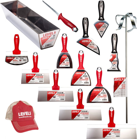Level 5 hand tool set including 4 taping knives, 3 joint knives, bucket scoop, specialty knives, jab saw, mud pan, mud mixer, and red Level 5 hat