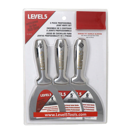 Level 5 hand tool set including 4-inch, 5-inch, and 6-inch joint knives with stainless steel blades and red-soft grip handles
