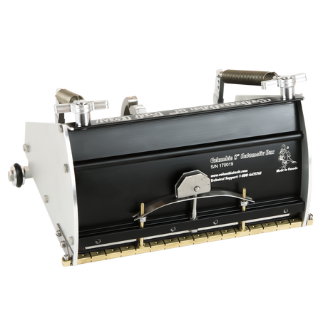 8-inch Columbia Automatic Fat Boy Finishing Box made from billet aluminum with a black painted finish, steel components, a brass blade holder, and wheels