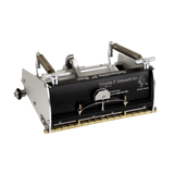 8-inch Columbia Automatic Flat Finishing Box made from billet aluminum with a black painted finish, steel components, a brass blade holder, and wheels