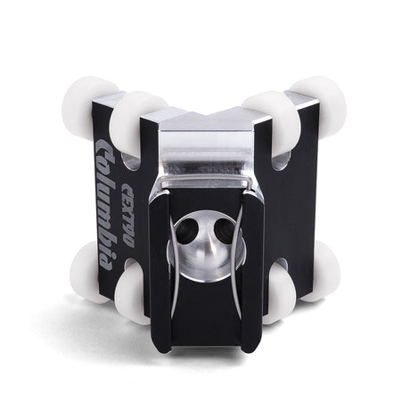 90-degree Columbia External Applicator made from billet aluminum with a black finish and 8 white plastic wheels, back view