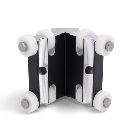 90-degree Columbia External Applicator made from billet aluminum with a black finish and 8 white plastic wheels, front view