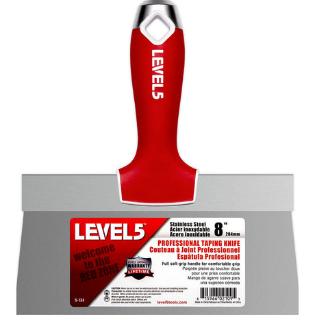 8-inch Level 5 Stainless Steel Taping Knife with steel blade, red soft-grip handle, metal hammer end, and hang hole