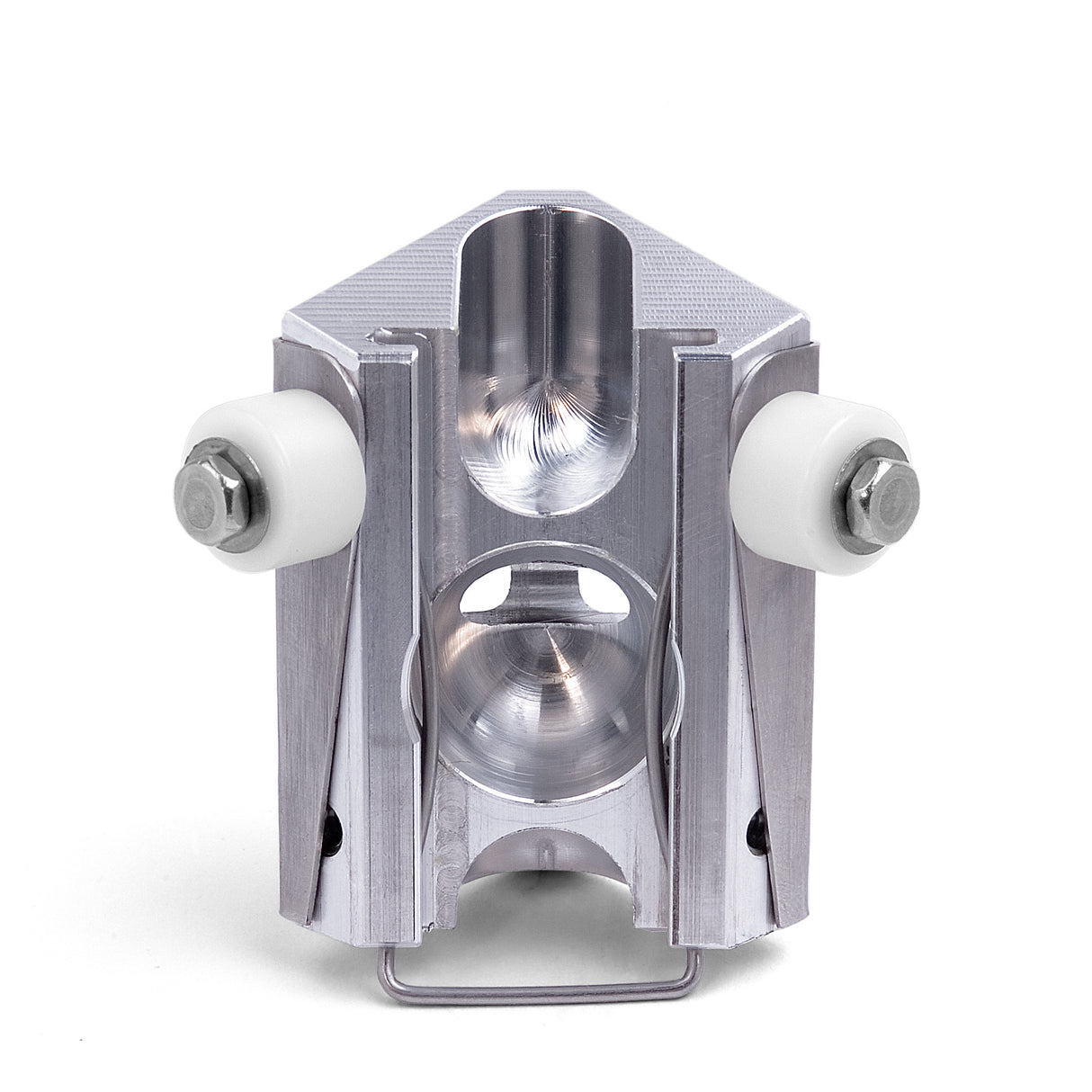 Columbia 2 Wheeled Internal 90-degree Applicator with a billet aluminum body, stainless steel skids, and white wheels, back view