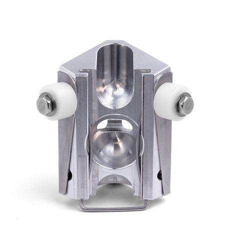 Columbia 2 Wheeled Internal 90-degree Applicator with a billet aluminum body, stainless steel skids, and white wheels, back view