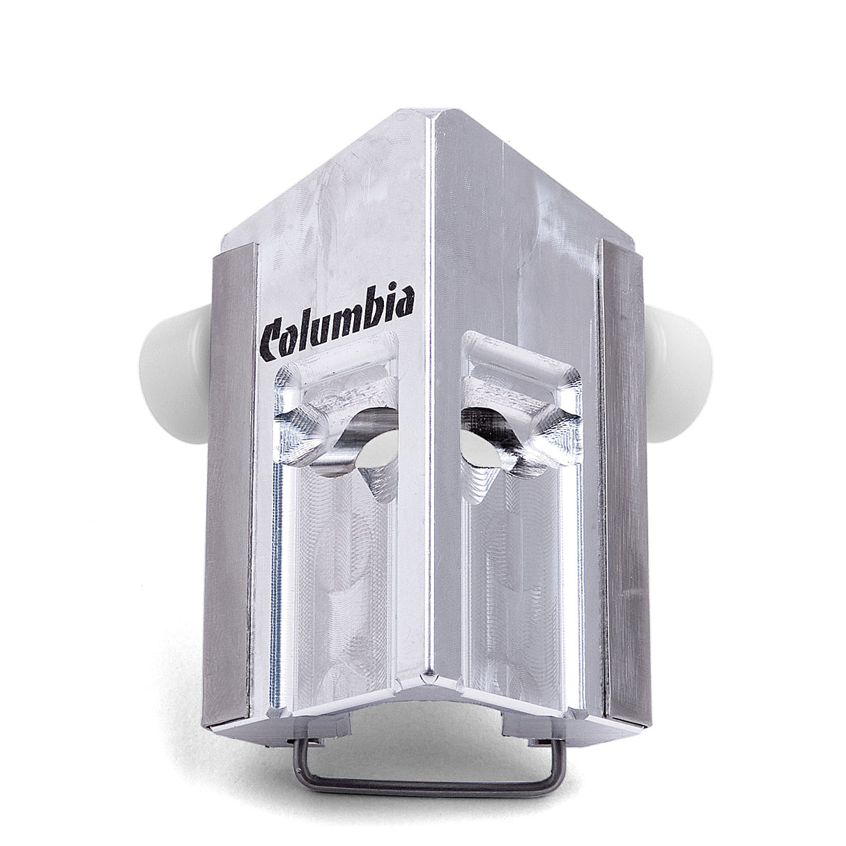 Columbia 2 Wheeled Internal 90-degree Applicator with a billet aluminum body, stainless steel skids, and white wheels, front view