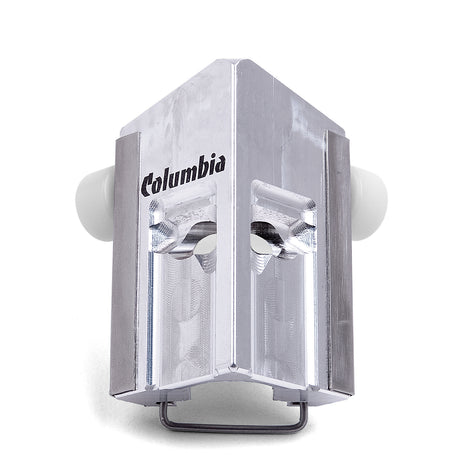 Columbia 2 Wheeled Internal 90-degree Applicator with a billet aluminum body, stainless steel skids, and white wheels, front view