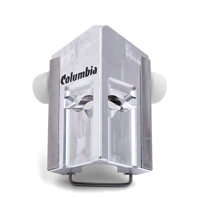 Columbia 2 Wheeled Internal 90-degree Applicator with a billet aluminum body, stainless steel skids, and white wheels, front view