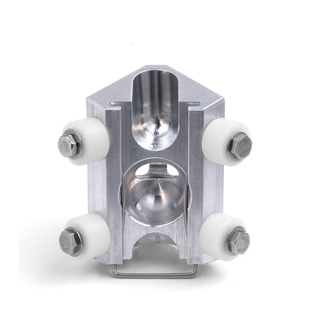 Columbia Interal 90-Degree Applicator with billet aluminum body, stainless steel skids, and 4 white plastic wheels, back view