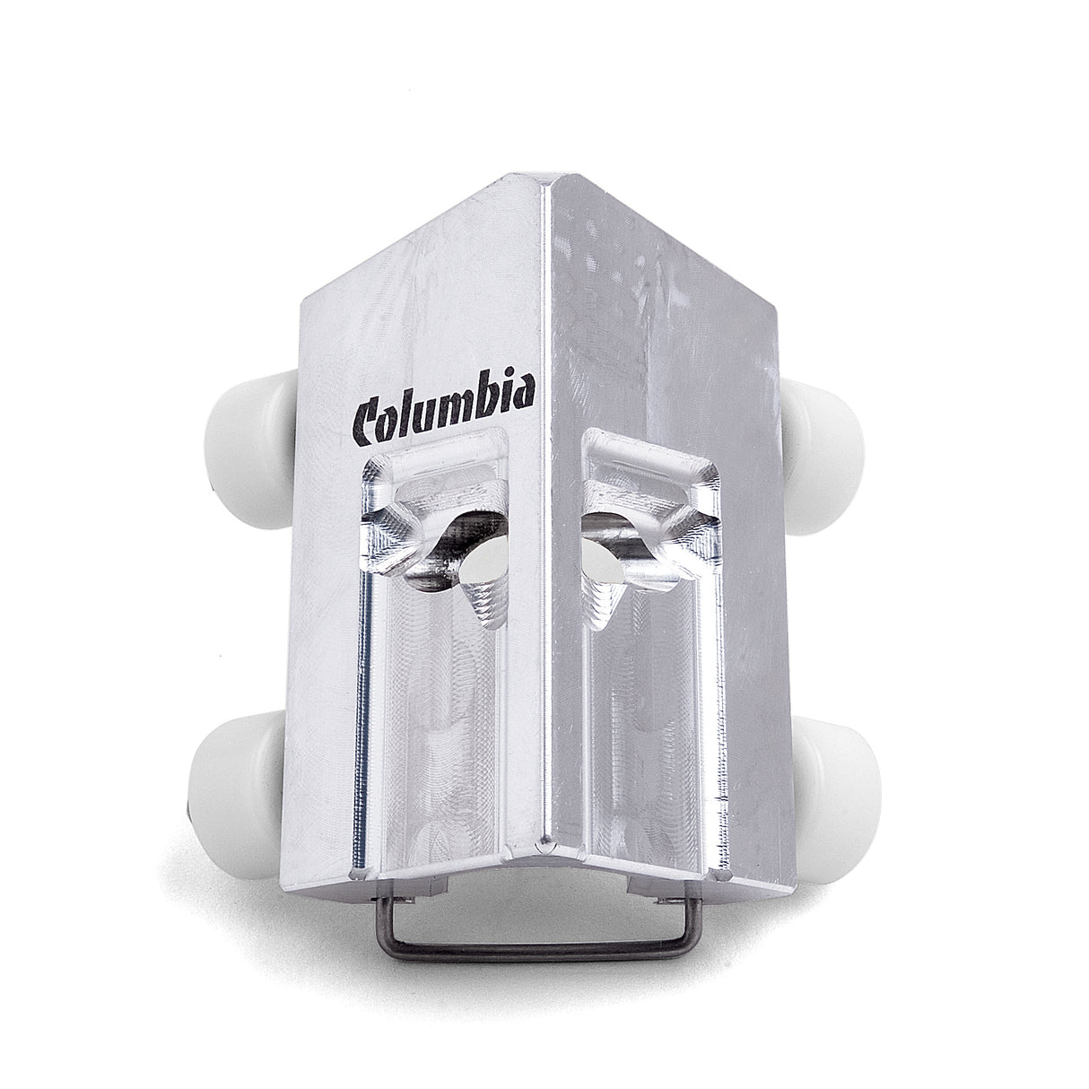 Columbia Interal 90-Degree Applicator with billet aluminum body, stainless steel skids, and 4 white plastic wheels, front view