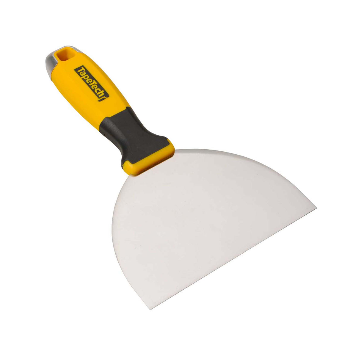 6-inch TapeTech Premium Carbon Steel Joint Knife with carbon steel blade, oversized yellow and black rubber handle, and alloy hammer end