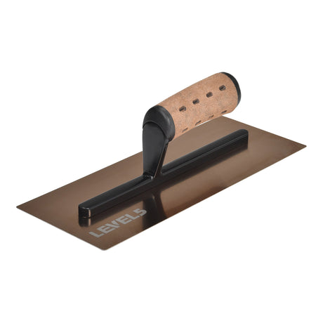 12-inch Level 5 Triple Hardened Rigid Flat Golden Trowel with stainless steel blade, black handle mount, and non-slip leather composite grips