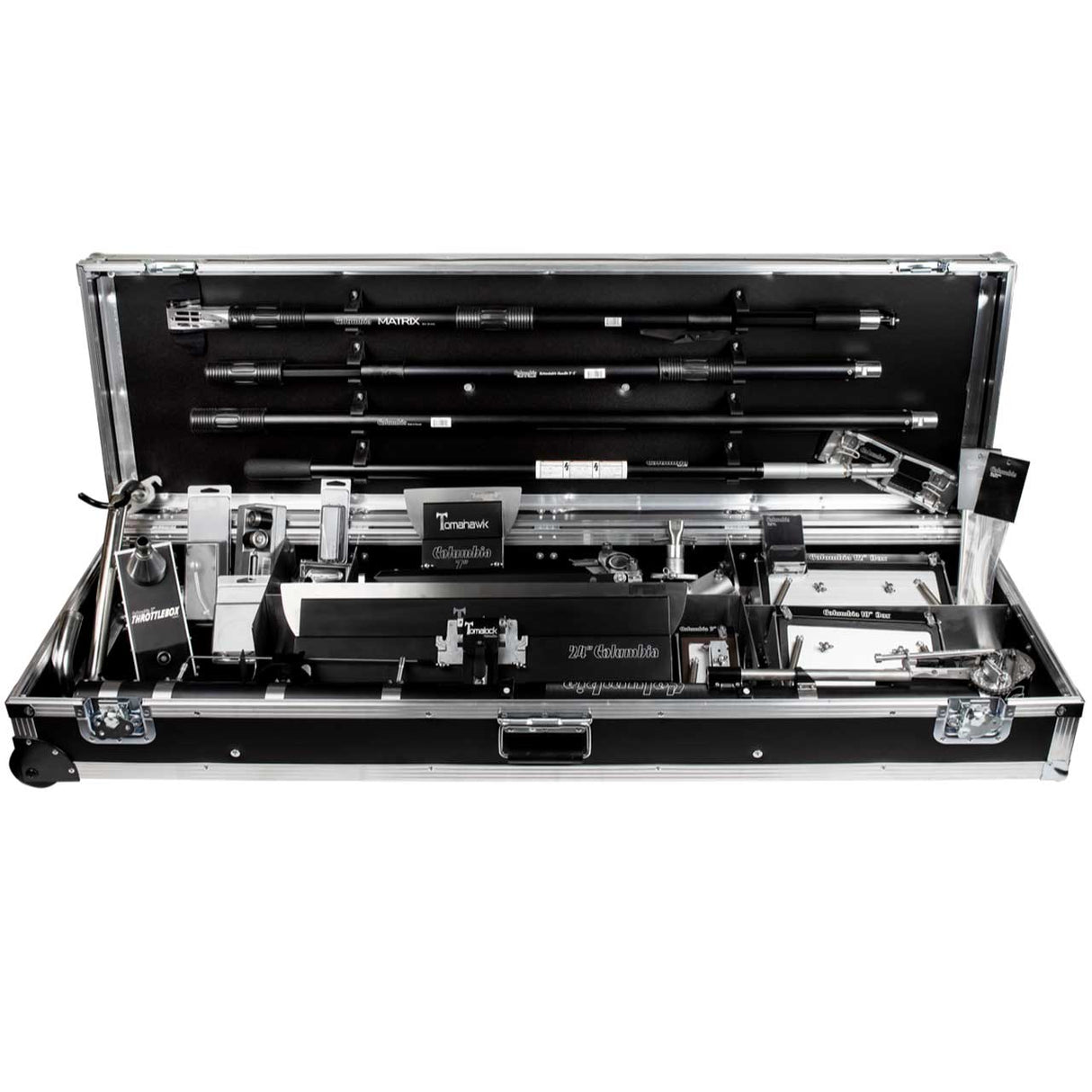 Front view of an open Columbia automatic taping tool case containing handles, skimming blades, automatic taping attachments, a mud pump, and an automatic taper