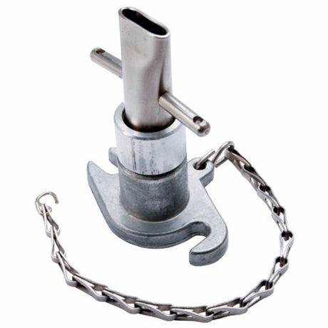 Grey Columbia Box Filler made from billet aluminum with a steel chain attachment, standing upright