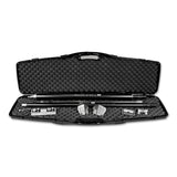 Open black foam-lined carrying case containing a Columbia compound tube, handles, flushers, applicators, corner roller, and angle head adaptor