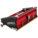 12-inch Level 5 Flat Box with red aluminum housing, black side panels, brass blade holder, and white rubber wheels
