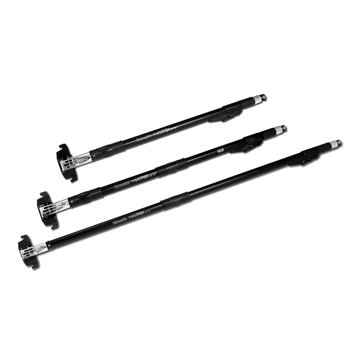 Three black Columbia Matrix Box Handles with billet aluminum heads, brake handles, and black rubber grips, laying side by side